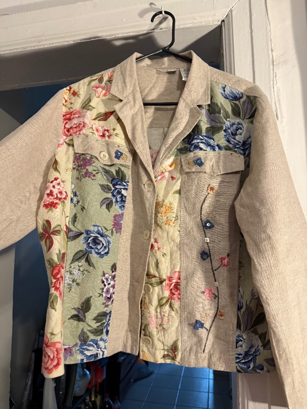 Vintage White Stag Blouse Shirt Women's L Linen Floral Cottage Country Core